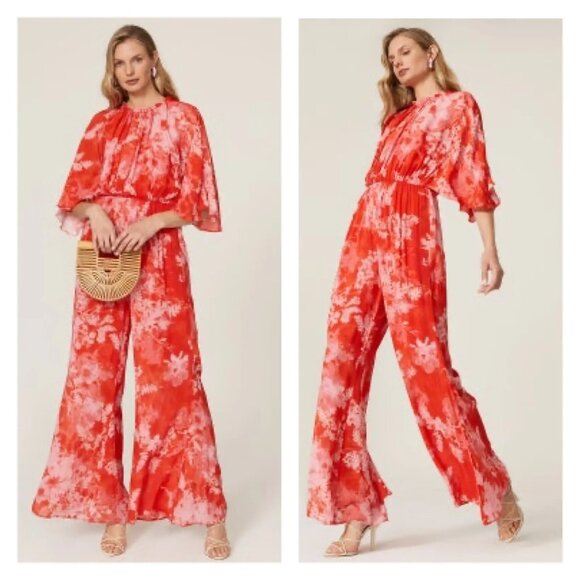 PINKO Jumpsuit Aquarius Tuta floral tropical wide leg flutter sleeve 10 pink red - Picture 1 of 14